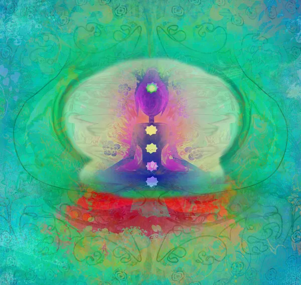 Yoga lotus στάση. Padmasana με χρωματιστά σημεία τσάκρα. — Φωτογραφία Αρχείου