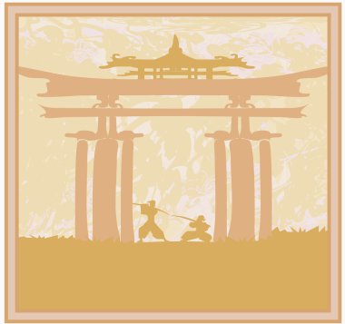 Samuray silueti olan eski bir kağıt.