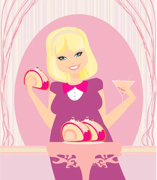 Chica gorda con pastel y bebida, en un restaurante — Vector de stock