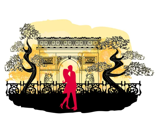 Pareja romántica en París besándose cerca del Arco del Triunfo en París — Archivo Imágenes Vectoriales