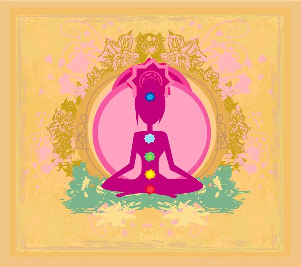 Pose de lotus de yoga. Padmasana avec des points de chakra colorés. — Image vectorielle