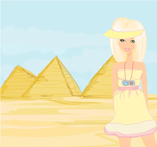 Glad turist besöker Pyramiderna — Stock vektor