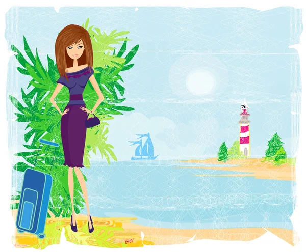 Palmiye ağaçları ve seyahat kızıyla homurdanan afiş — Stok Vektör