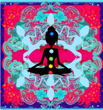 Yoga nilüfer pozu. Renkli çakra noktalı Padmasana.