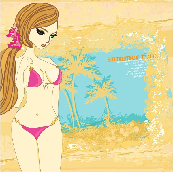 Grunge banner with palm trees and sexy girl — Stock Vector