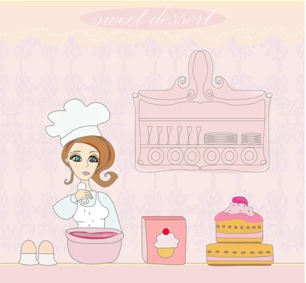 Femme au foyer cuit un délicieux gâteau — Image vectorielle