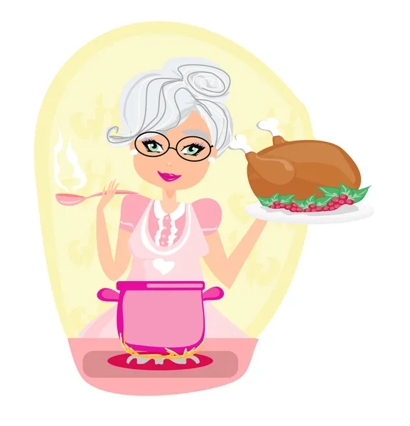 Grandmother cooking soup and serving chicken — Stock Vector