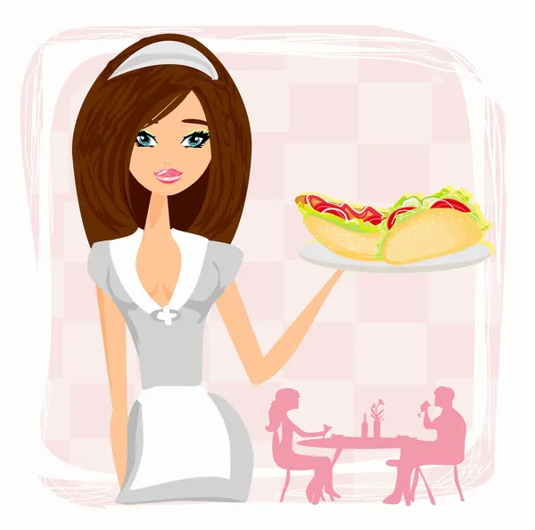 Hermosa camarera con una bandeja. — Vector de stock