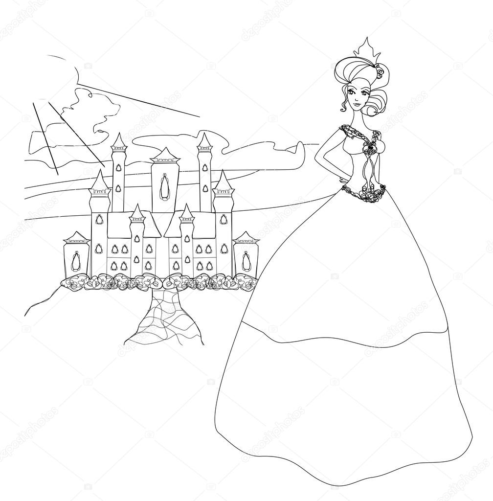 Beautiful young princess in front of her castle - doodle illust