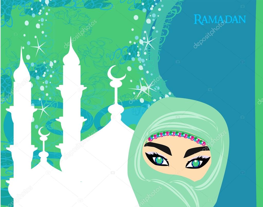 Beautiful muslim women on mosque background.