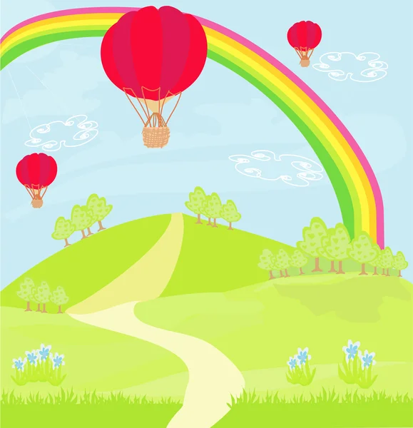 Paisaje de fantasía con globos rojos de aire caliente — Vector de stock