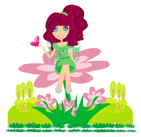 A little fairy with wings on her back sitting on a flower. — Stock Vector