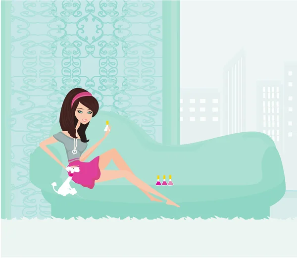 Girl painting nails on the sofa — Stock Vector