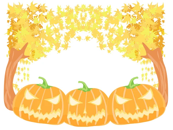 Halloween pumpkins with fall leaves — Stock Vector