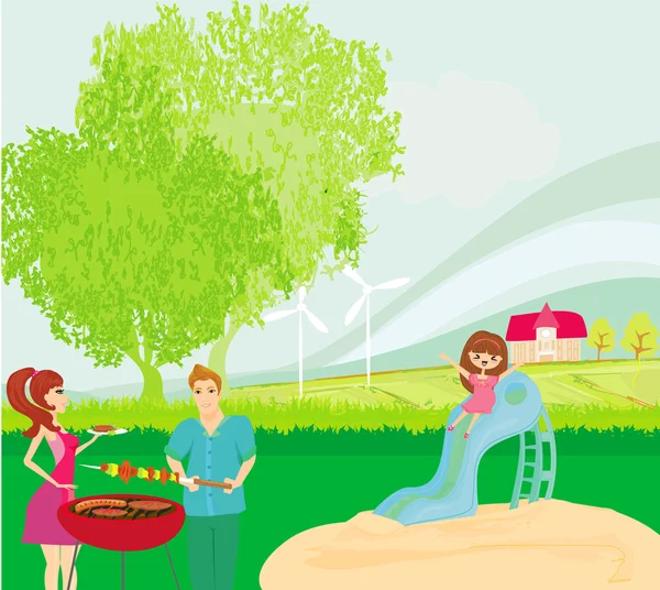 Vector illustration of a family having a picnic — Stock Vector