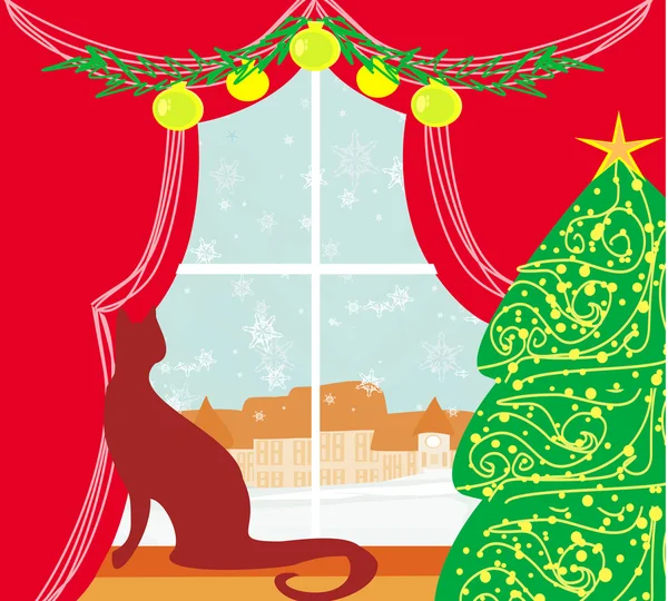 Árvore de Natal e gato na janela — Vetor de Stock