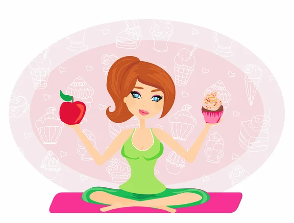 Girl choosing between an apple and a cupcake — Stock Vector