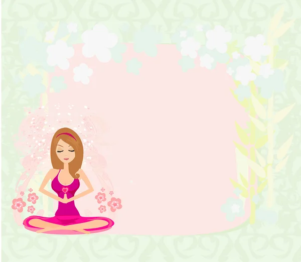 Chica de yoga en posición de loto, marco abstracto — Vector de stock
