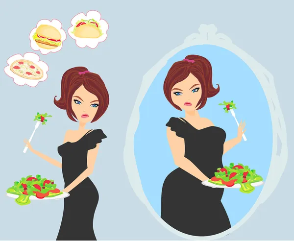 Mutsuz kız aynada kendine bakıyor.