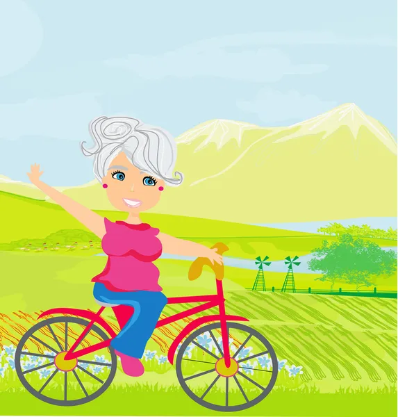 Ηλικιωμένη γυναίκα με ποδήλατο. — Διανυσματικό Αρχείο
