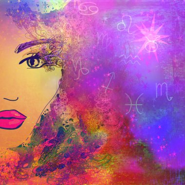 insan kafası ve Astroloji sembolleri anahat düzeni