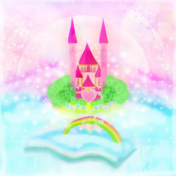 Mundo mágico de contos, castelo de fadas aparecendo do livro — Fotografia de Stock