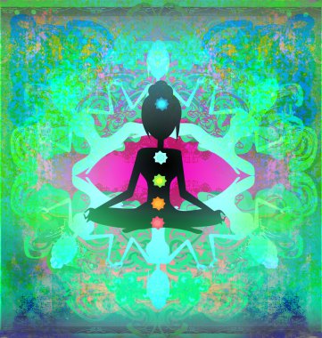 Yoga nilüfer pozu. Renkli çakra noktalı Padmasana.