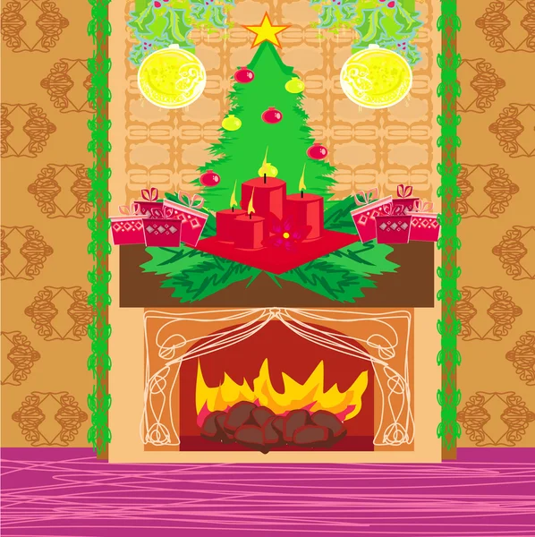 Weihnachtszimmer mit Kamin — Stockvektor