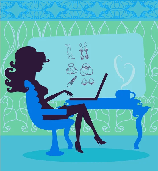 在线购物-青年微笑着坐在一起的笔记本电脑坊的女人 — 图库矢量图片