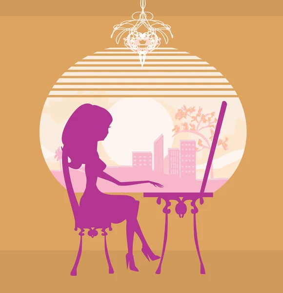 Online shopping - young smiling woman sitting with laptop comput — Stock Vector