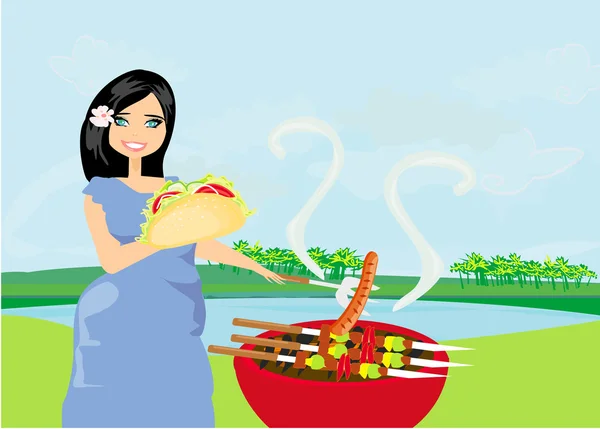 Kvinna matlagning på en grill — Stock vektor