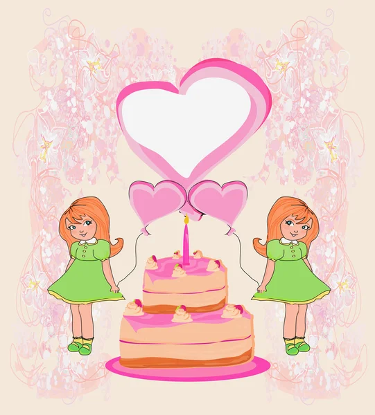 Invito di compleanno, ragazza che tiene palloncini e una torta di compleanno wi — Vettoriale Stock