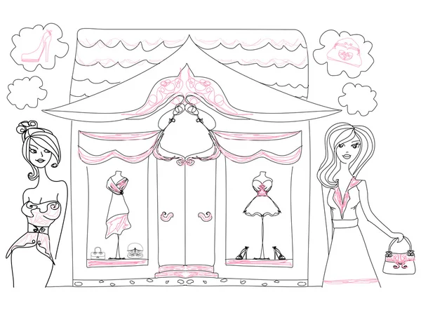 Elegante meninas compras, doodle ilustração — Vetor de Stock