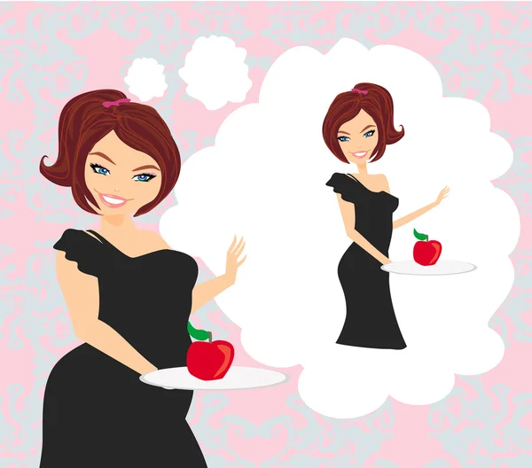 Girl on a diet holding a plate with an apple and imagine how it — Stockvector