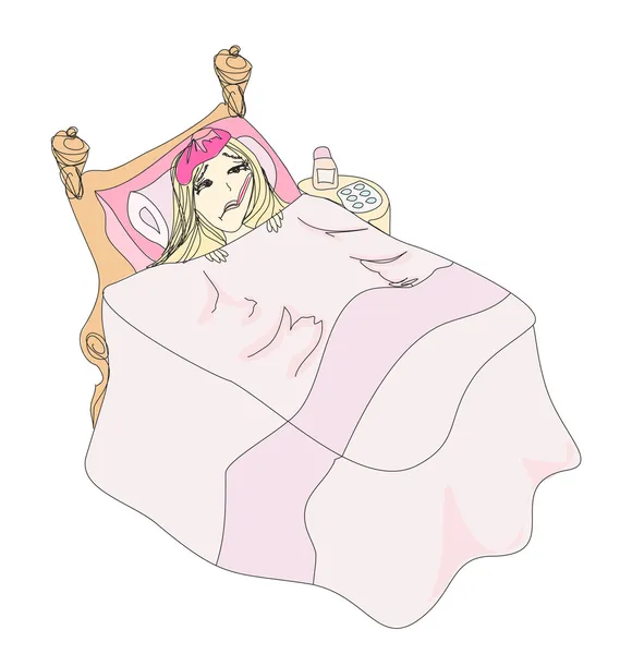 Ilustración de una niña enferma acostada en la cama — Vector de stock