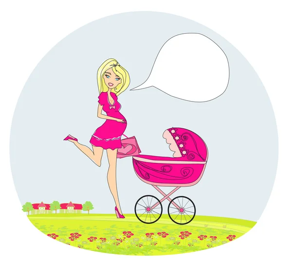 Beautiful pregnant woman pushing a stroller — Stock Vector