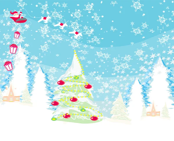 Der Weihnachtsmann fliegt mit dem Sack voller Geschenke — Stockvektor