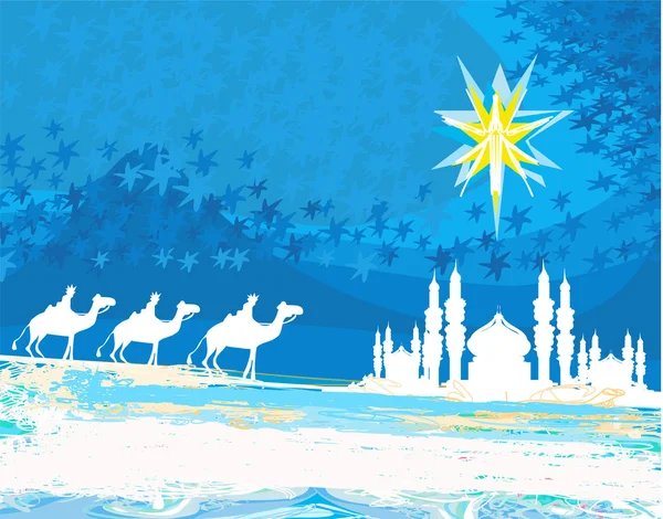 Klassieke drie magische scène en stralende ster van Bethlehem — Stockvector