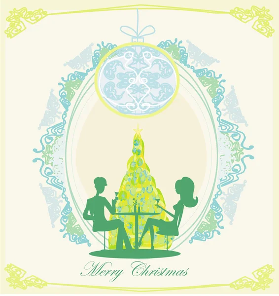 年轻夫妇在圣诞树旁打情骂俏，喝香槟 — 图库矢量图片