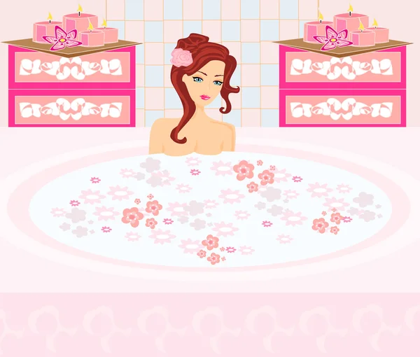 Женщина купается в ванне в красивой ванной комнате. — стоковый вектор