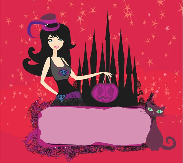 Bruja de Halloween de pie con calabaza — Vector de stock