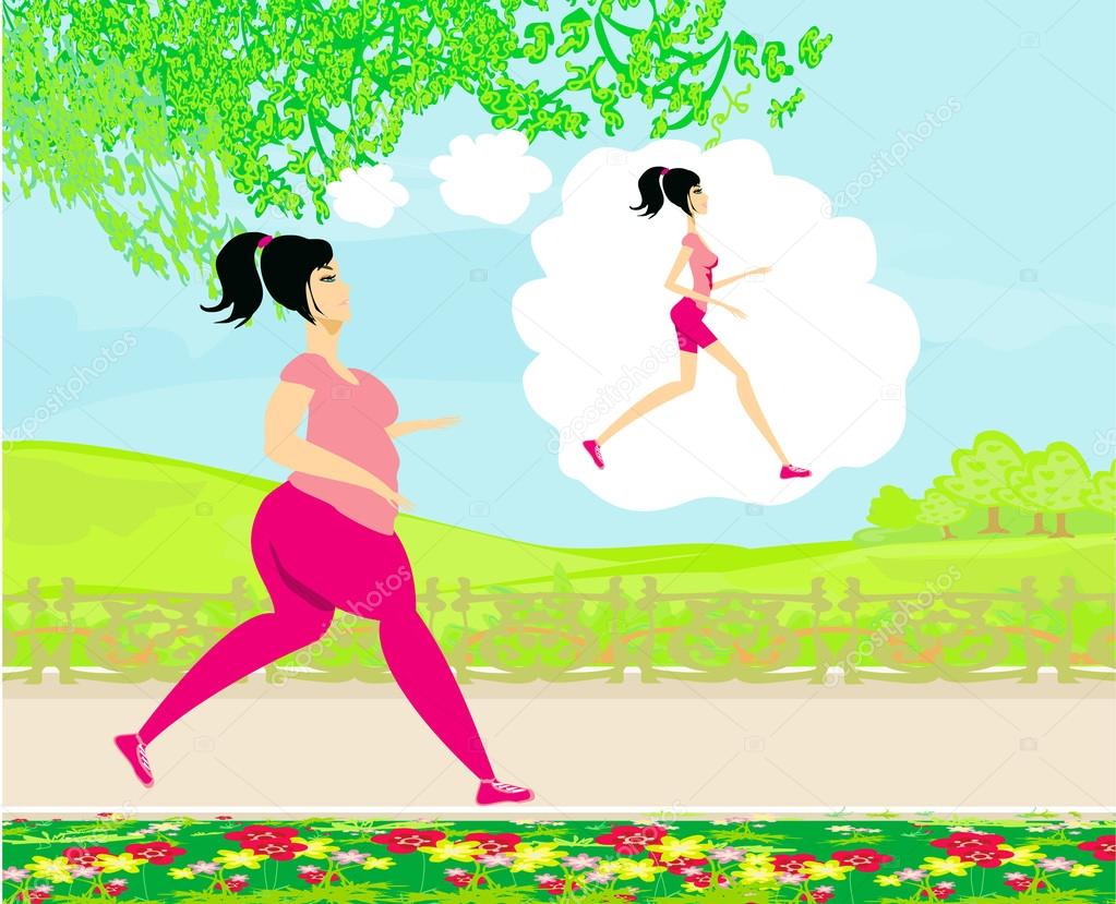 Young woman jogging,fat girl dreams to be a skinny girl — Stock Vector © JackyBrown 28536793