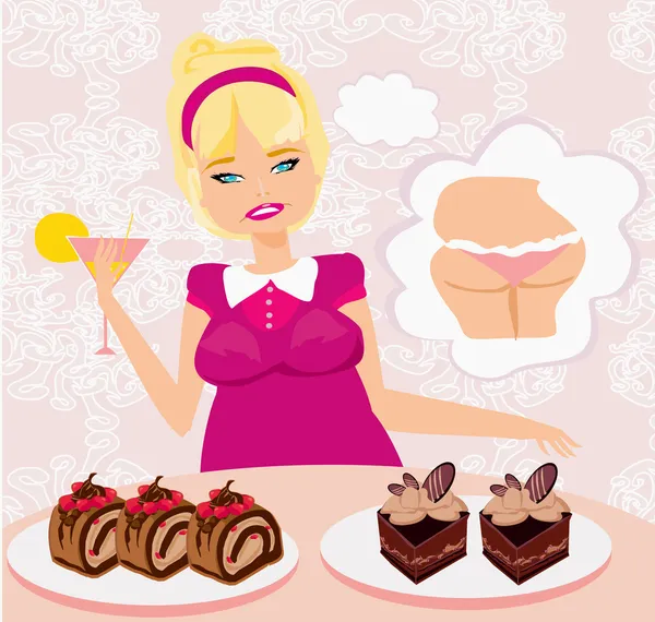 Şişman kız kalorili kek yemekten korkuyor. — Stok Vektör
