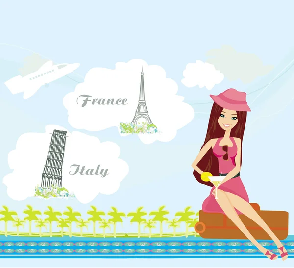Pretty girl dreaming about vacation in France and in Italy — Stock Vector