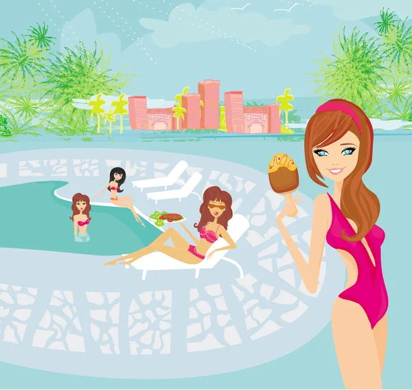 Vector image of girls and tropical pool — Stock Vector