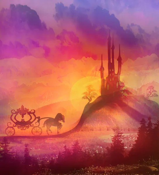 gün batımında at arabası. bir at arabası ve bir mediev silueti