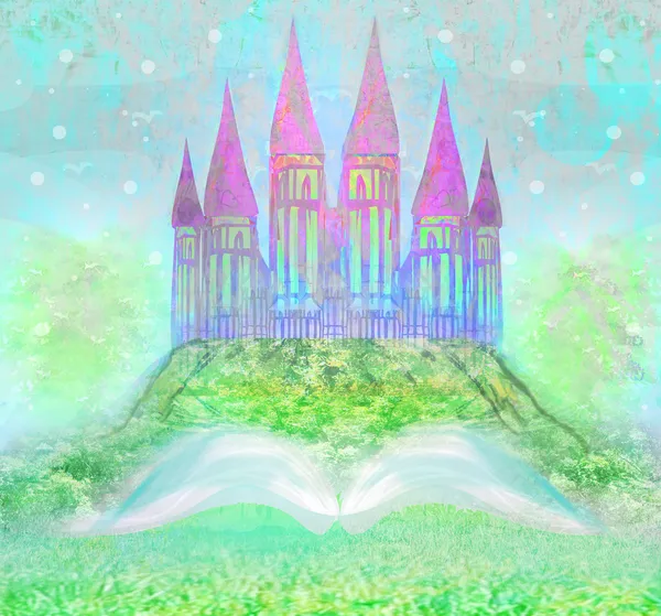 Magic world of tales, fairy castle appearing from the book — Stock Photo, Image