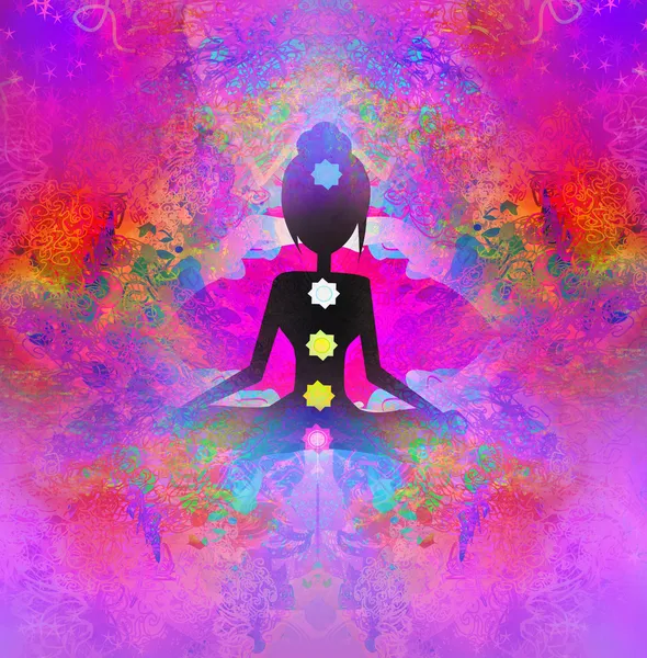 Yoga lotus poserar. Padmasana med färgade chakra poäng. — Stockfoto