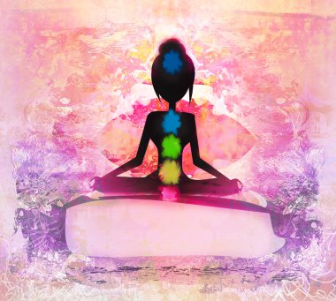 Yoga nilüfer pozu. Renkli çakra noktalı Padmasana.