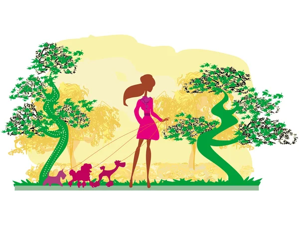 Κορίτσι με τα σκυλιά της στο φθινοπωρινό τοπίο. — Διανυσματικό Αρχείο